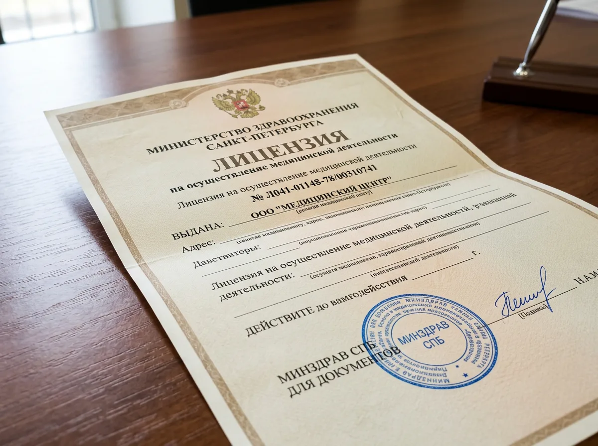 Лицензия на осуществление медицинской деятельности № Л041-01148-78/00310741, выданная Министерством здравоохранения Санкт-Петербурга, официальный документ с гербом РФ, синяя печать