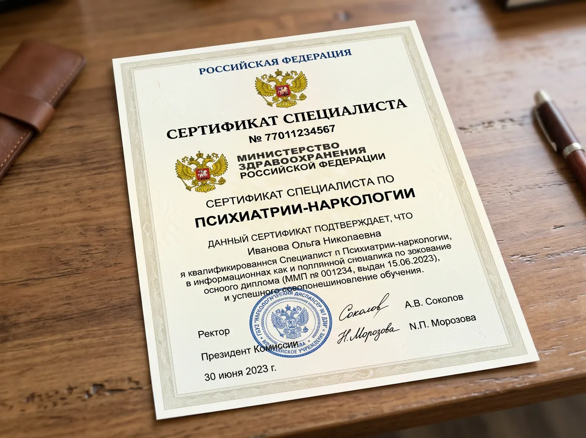 Сертификат специалиста по психиатрии-наркологии, документ государственного образца с печатью медицинского учреждения, бланк Министерства здравоохранения